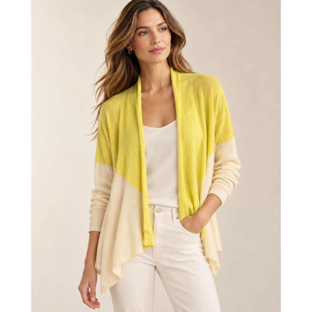 Magaschoni New York 100% Cashmere Open Front Cardigan M Yellow Cream Colorblock